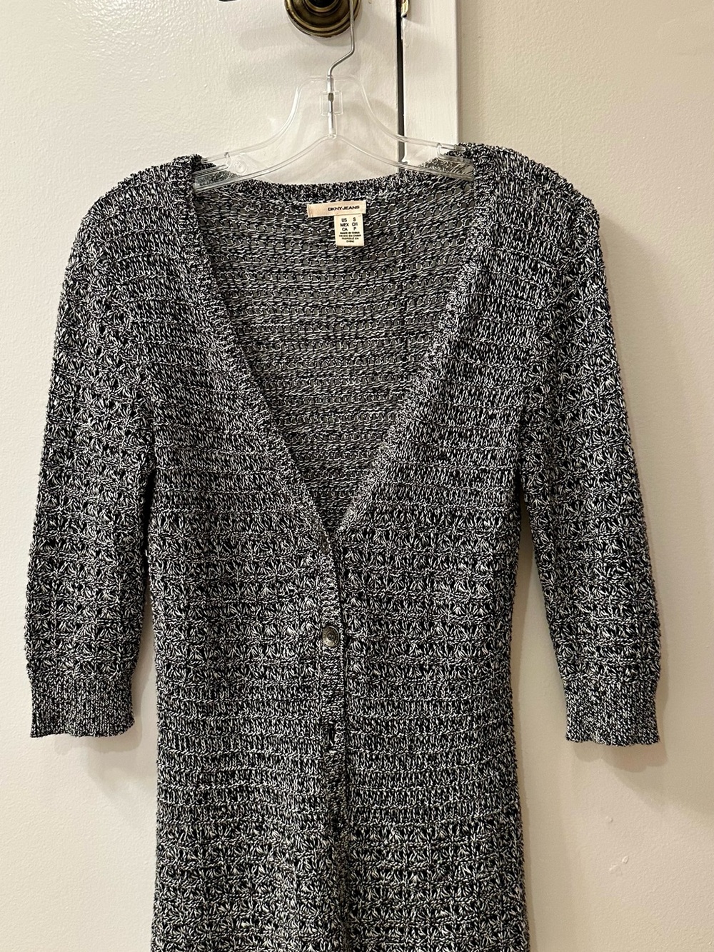 Dkny Black & White Marled Knit V‑Neck Cardigan